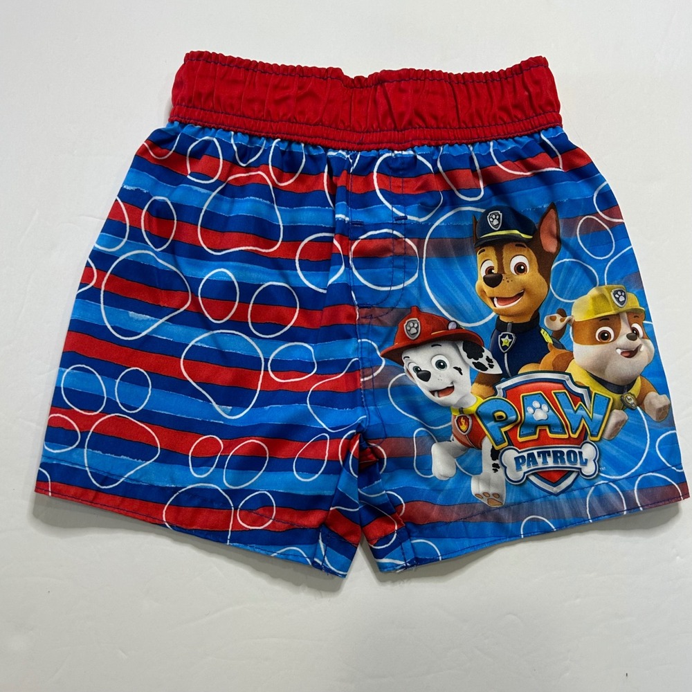 Kids Paw Patrol Swim Trunks Blue Red Paw Print Elastic‎ Size 2T
